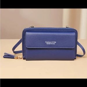 New! Fashion “UYHM” Navy Blue Color Crossbody Bag, PU Leather Textured Card Hold